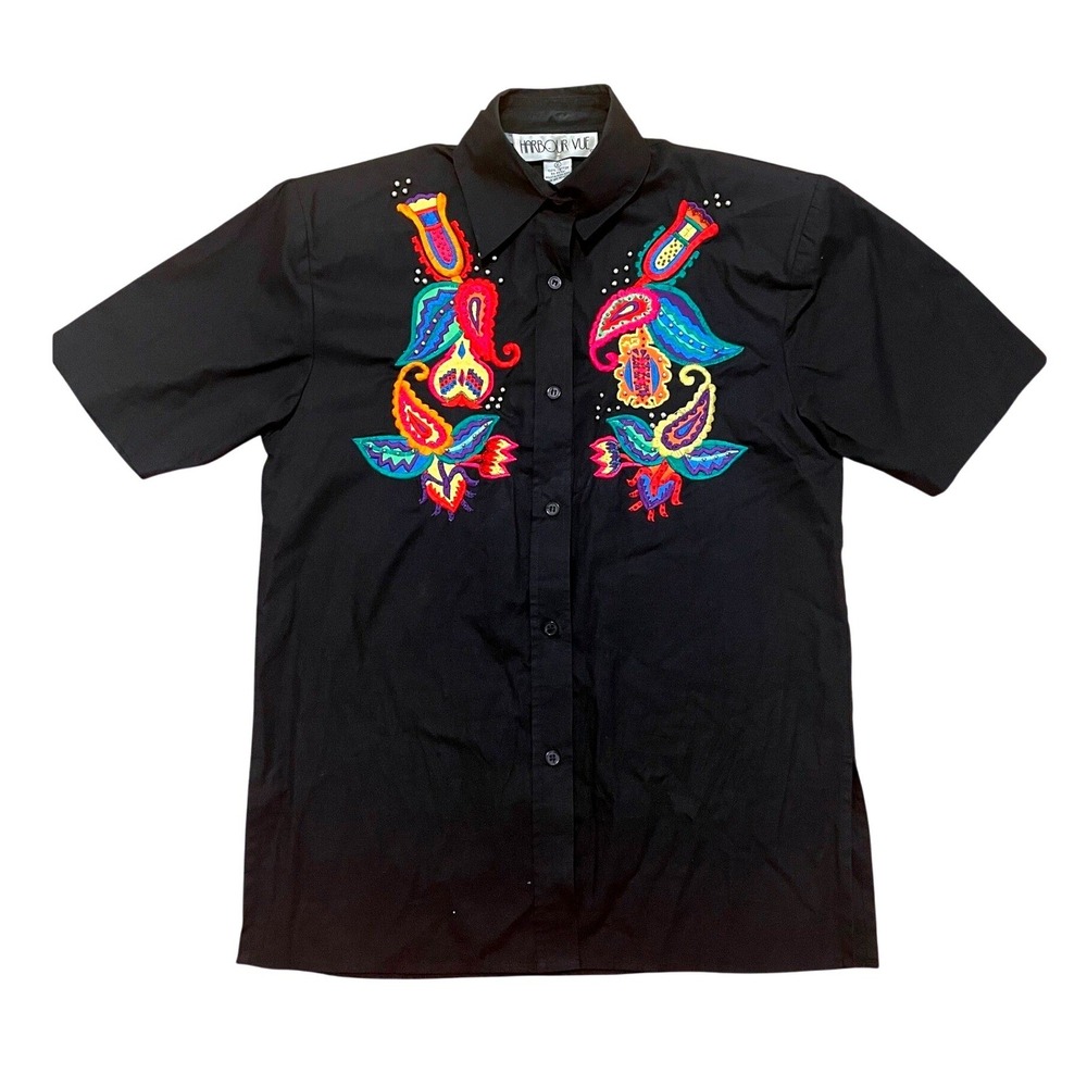 Vintage Embroidered Studded‎ Shirt Black Cotton Harbour Vue Size 6